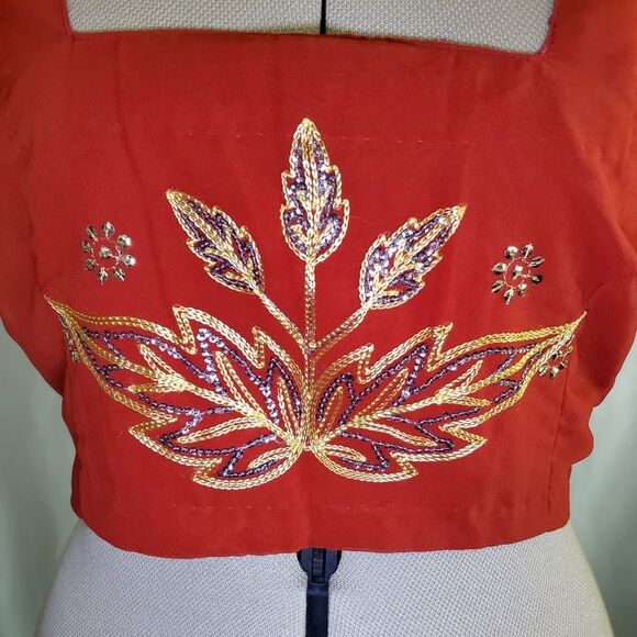 Handmade Women’s Saree & Choli Small Red Brown Silver Gold Embroidered Sequins - Picture 7 of 11